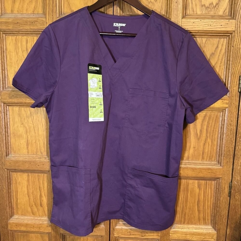 NEW ScrubStar Top Unisex M Eggplant Cotton Poly Blend Scrubs 4 Pocket SS V-Neck